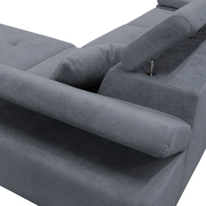 Sofá-cama de canto CASTELO em L, chaise à direita, com espaço de arrumação, cinzento escuro