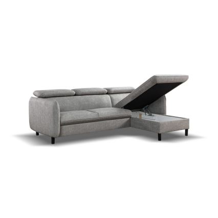 Sofá-cama de canto em L com espaço de arrumação NISA, cinzento, lado direito