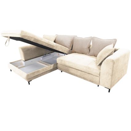 Sofá de canto conversível em L com espaço de arrumação LAGOA, lado esquerdo, bege/castanho
