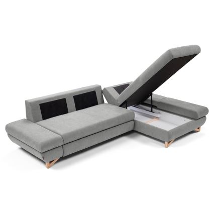Sofá-cama de canto estofado AVESTA em L com arrumação integrada, versão direita, cinzento