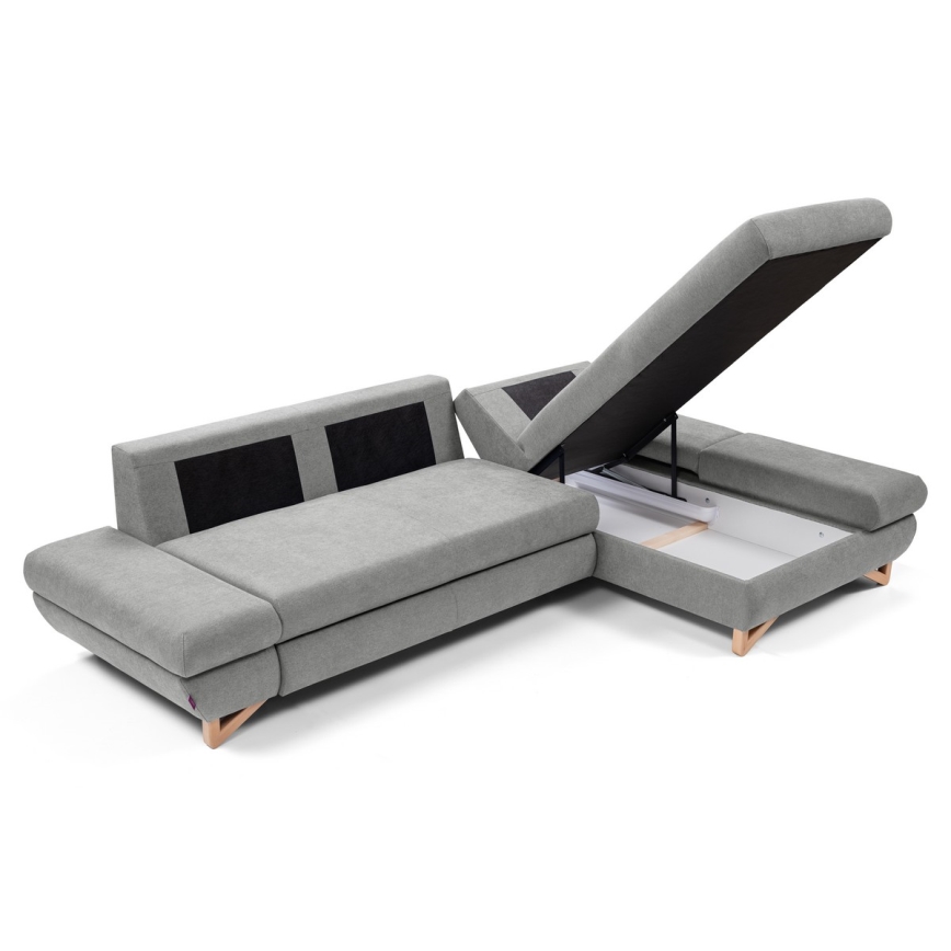 Sofá-cama de canto estofado AVESTA em L com arrumação integrada, versão direita, cinzento