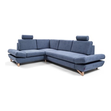 Sofá-cama de canto estofado AVESTA em L com espaço de arrumação e chaise à esquerda, azul