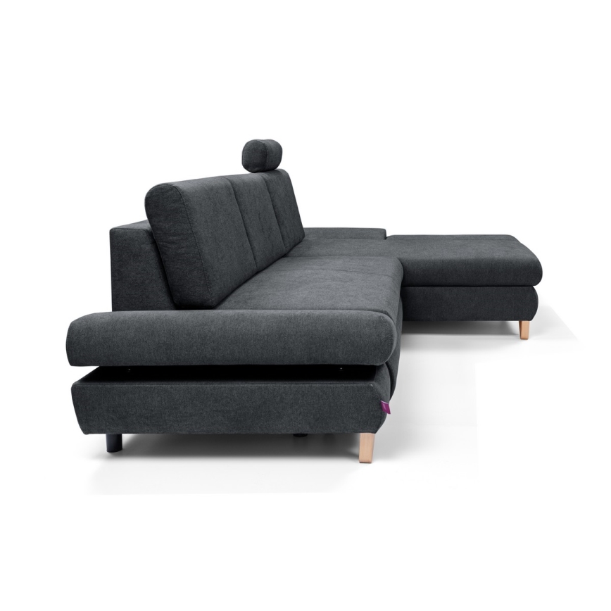 Sofá-cama de canto estofado em L AVESTA — versão direita, com baú de arrumação, antracite