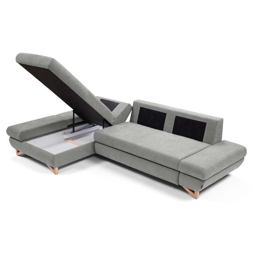 Sofá-cama de canto estofado AVESTA em L com espaço de arrumação — versão esquerda, cinzento