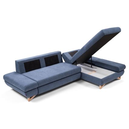 Sofá-cama de canto estofado em L AVESTA, com compartimento de arrumação, canto direito, azul