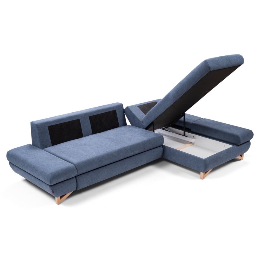 Sofá-cama de canto estofado em L AVESTA, com compartimento de arrumação, canto direito, azul
