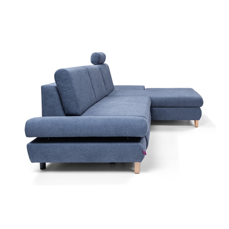 Sofá-cama de canto estofado em L AVESTA, com compartimento de arrumação, canto direito, azul