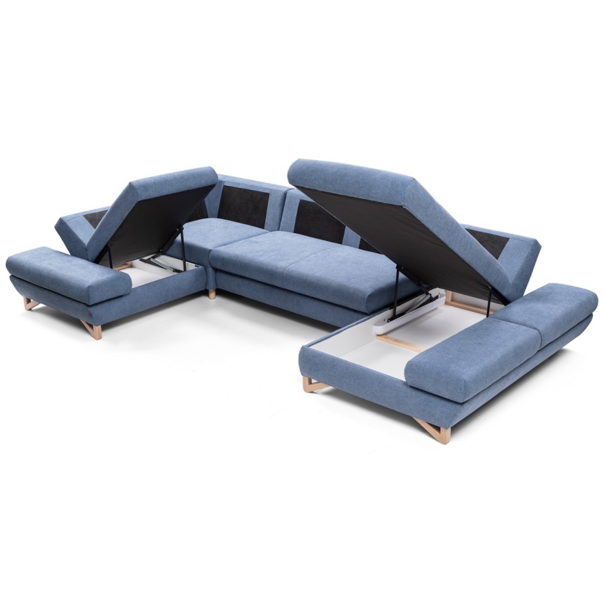Sofá-cama de canto estofado em U AVESTA com espaço de arrumação, azul