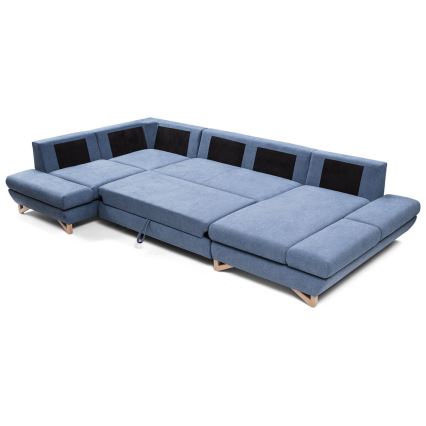 Sofá-cama de canto estofado em U AVESTA com espaço de arrumação, azul