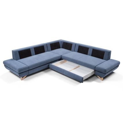 Sofá-cama de canto estofado em L AVESTA, azul, com prático compartimento de arrumação