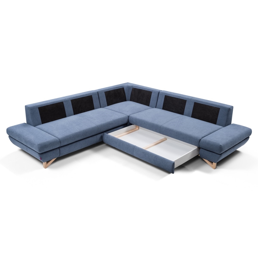 Sofá-cama de canto estofado em L AVESTA, azul, com prático compartimento de arrumação
