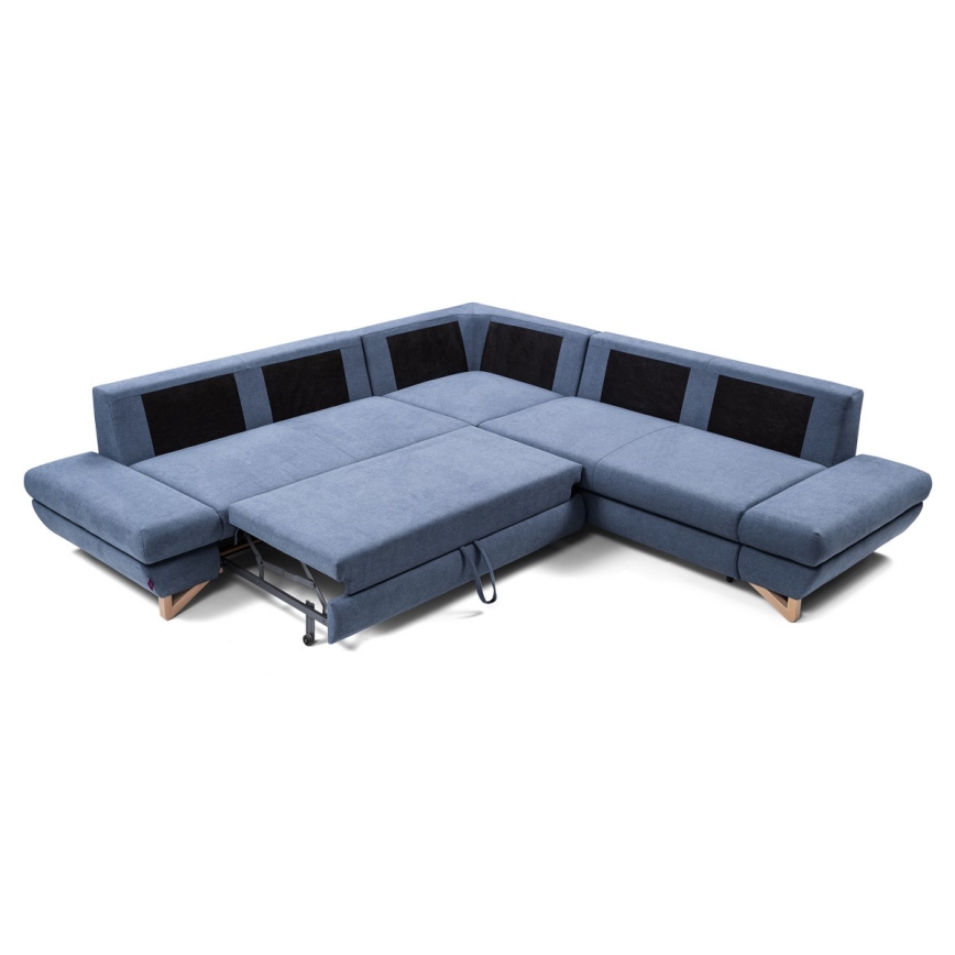 Sofá-cama de canto estofado em L AVESTA, azul, com prático compartimento de arrumação