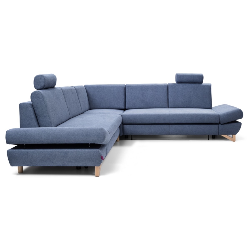 Sofá-cama de canto estofado em L AVESTA, azul, com prático compartimento de arrumação