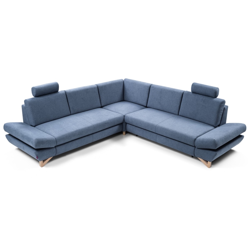 Sofá-cama de canto estofado em L AVESTA, azul, com prático compartimento de arrumação