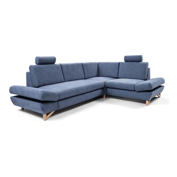 Sofá-cama de canto estofado em L AVESTA com compartimento de arrumação, canto direito, azul