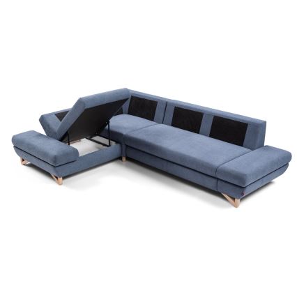 Sofá-cama de canto estofado AVESTA em L com espaço de arrumação e chaise à esquerda, azul