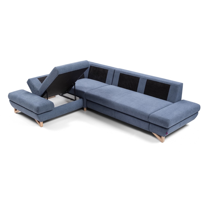 Sofá-cama de canto estofado AVESTA em L com espaço de arrumação e chaise à esquerda, azul