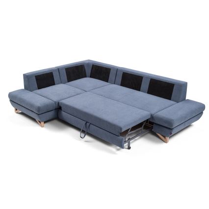Sofá-cama de canto estofado AVESTA em L com espaço de arrumação e chaise à esquerda, azul