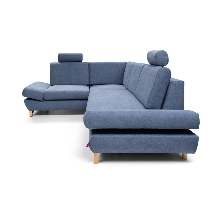 Sofá-cama de canto estofado AVESTA em L com espaço de arrumação e chaise à esquerda, azul