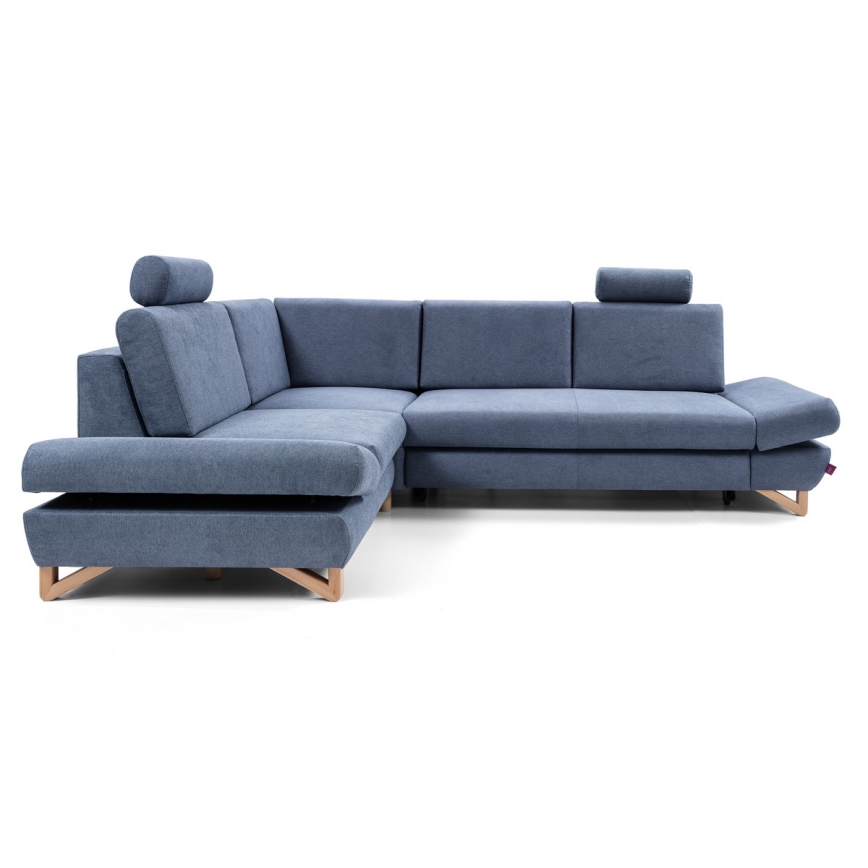 Sofá-cama de canto estofado AVESTA em L com espaço de arrumação e chaise à esquerda, azul