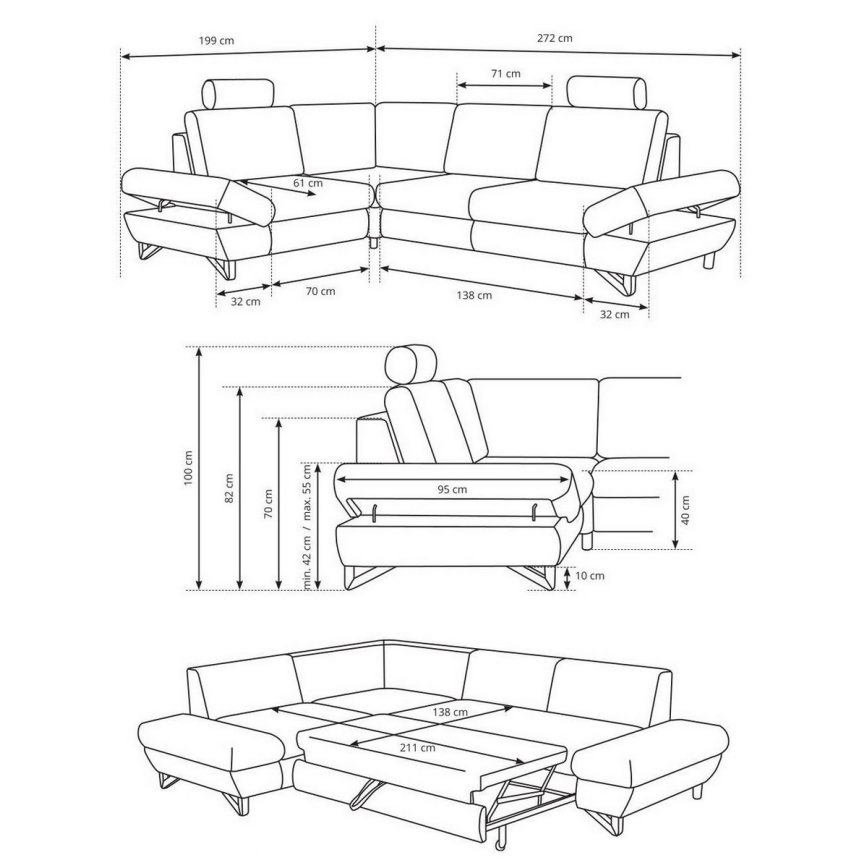 Sofá-cama de canto estofado AVESTA em L com espaço de arrumação e chaise à esquerda, azul