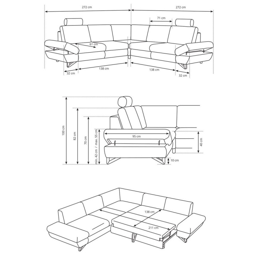 Sofá-cama de canto estofado em L com arrumação integrada AVESTA antracite
