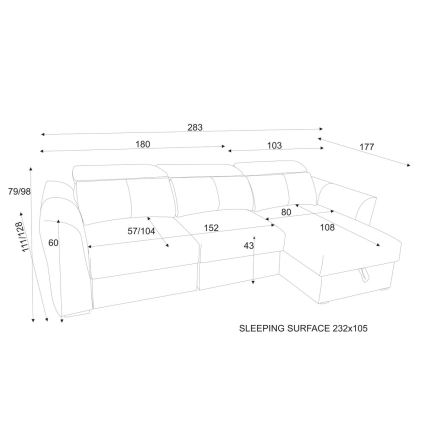 Sofá-cama de canto universal de três lugares com arrumação TRENTO, cinzento claro