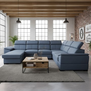 Sofá-cama em U com canto reversível e arrumação integrada GRANADA azul