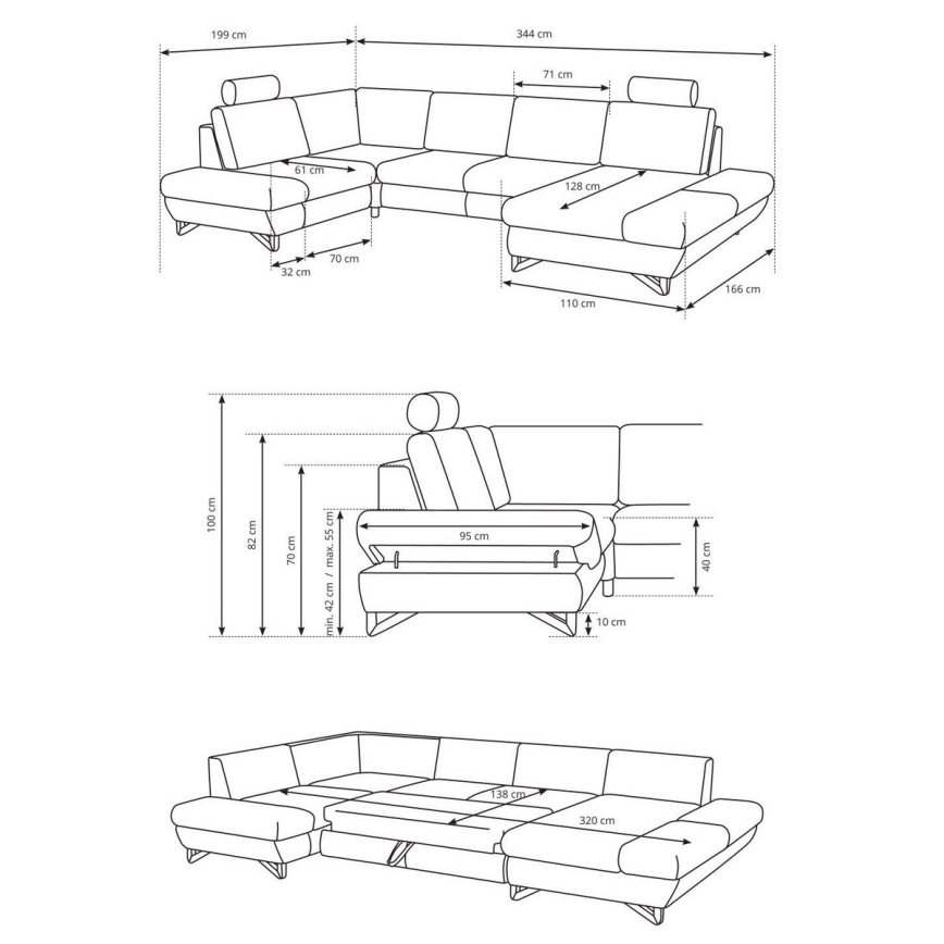 Sofá-cama de canto estofado em U com baú de arrumação AVESTA antracite