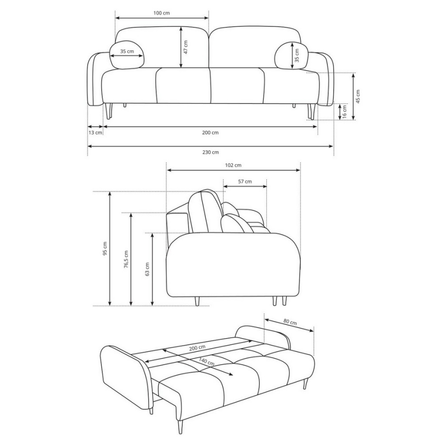 Sofá-cama estofado de três lugares CLOUDY, cinzento