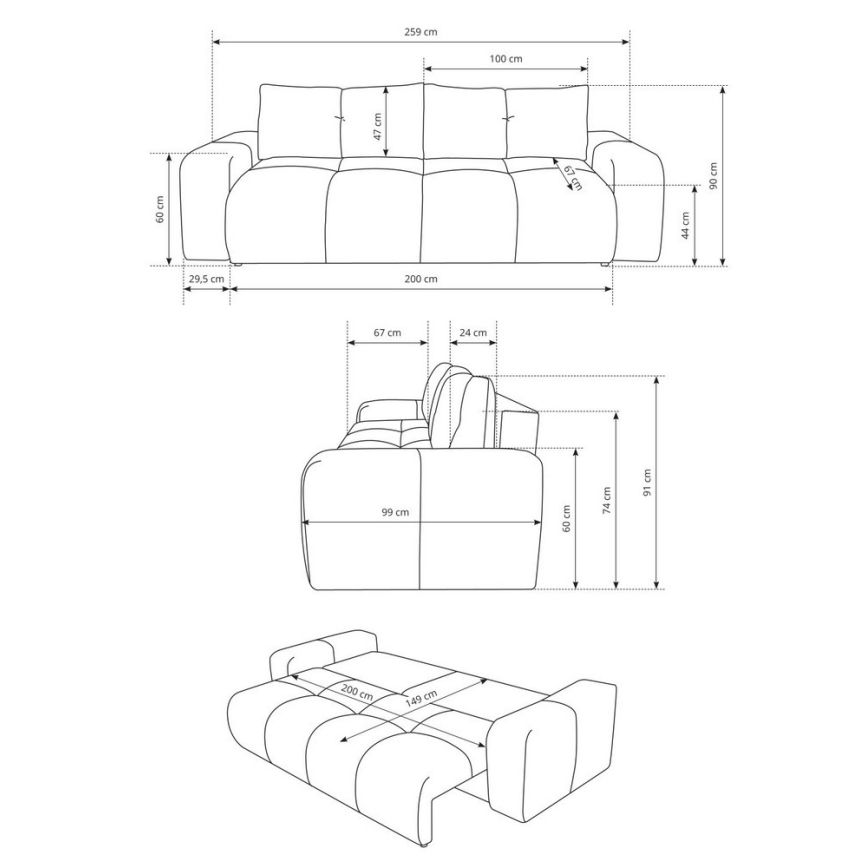 Sofá-cama estofado de três lugares com espaço de arrumação ALMADA bege