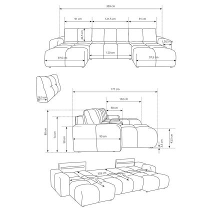 Sofá-cama estofado em U com compartimento de arrumação ALMADA, bege