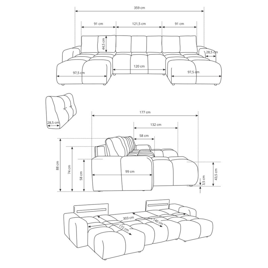 Sofá-cama estofado em U com compartimento de arrumação ALMADA, bege