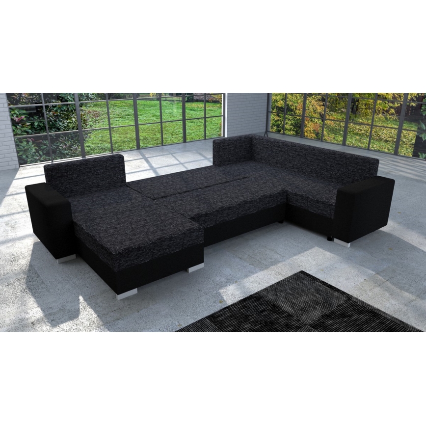 Sofá-cama estofado em U reversível YORK preto/antracite