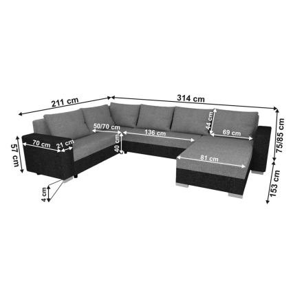 Sofá-cama estofado em U reversível YORK preto/antracite