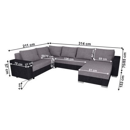 Sofá-cama estofado em U YORK, reversível, cinzento/preto