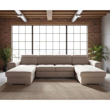 Sofá-cama seccional em U com canto reversível e espaço de arrumação SALVADA bege