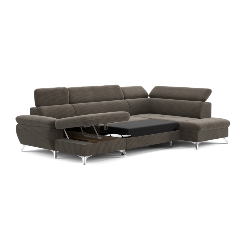 Sofá de canto reclinável em U CATANIA com espaço de armazenamento, lado direito, cor marrom