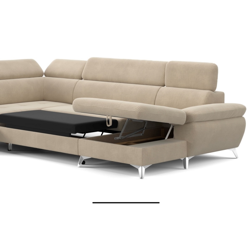 Sofá de canto reclinável em U CATANIA com espaço de armazenamento, lado esquerdo, bege