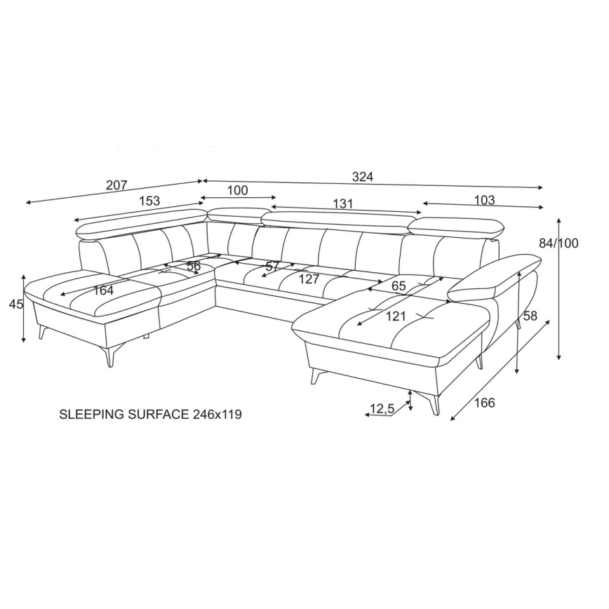 Sofá de canto reclinável em U CATANIA com espaço de armazenamento, lado esquerdo, bege
