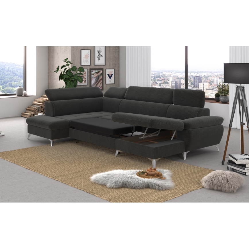 Sofá de canto reclinável em U CATANIA com espaço de armazenamento, lado esquerdo, grafite