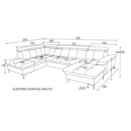 Sofá de canto reclinável em U CATANIA com espaço de armazenamento, lado esquerdo, grafite