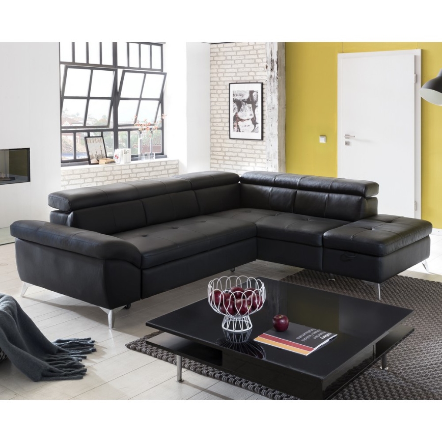 Sofá de canto em L de couro reclinável SALERNO II direito preto