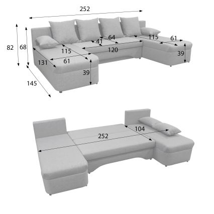 Sofá de canto conversível universal em U ALMEIDA com espaço de arrumação, cinzento