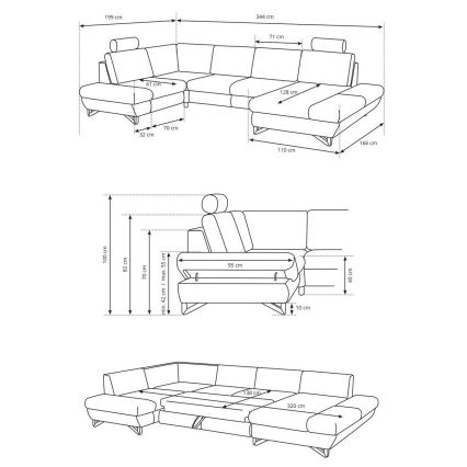 Sofá de canto estofado em U AVESTA, conversível em cama e com espaço de arrumação, cinzento