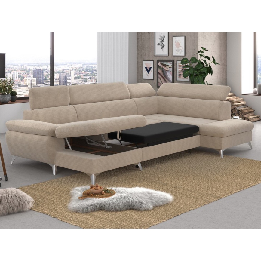 Sofá de canto reclinável em U CATANIA com espaço de armazenamento, lado direito, bege