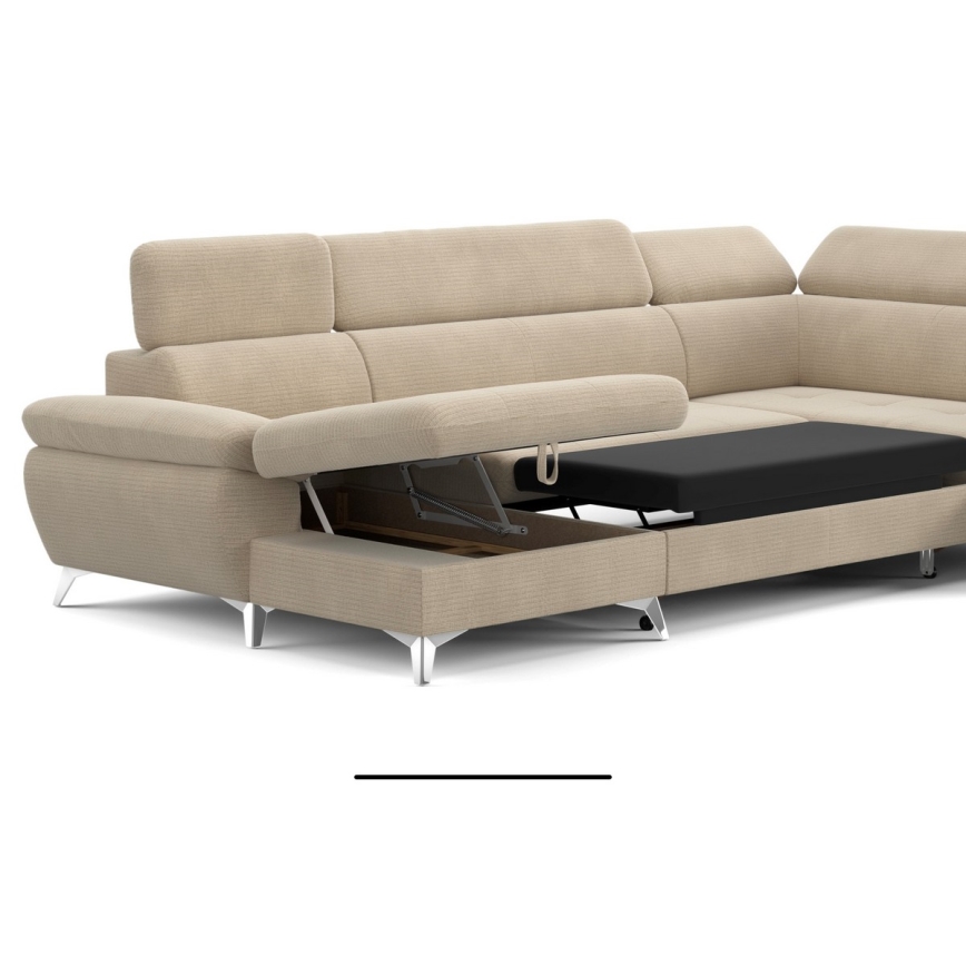 Sofá de canto reclinável em U CATANIA com espaço de armazenamento, lado direito, bege