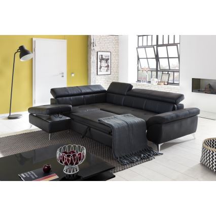 Sofá de canto em L reclinável em couro SALERNO II esquerdo preto