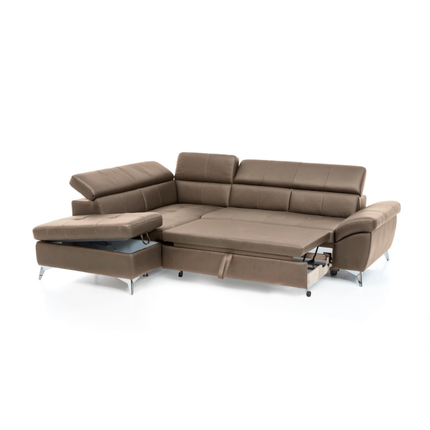 Sofá de canto em L de couro reclinável SALERNO II esquerdo castanho