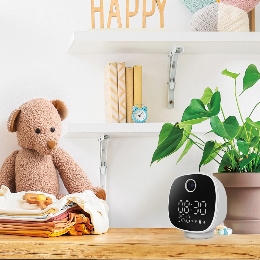 Câmara inteligente com despertador, termómetro e luz LED 1296p 3Mpx 5V Wi-Fi Tuya IP65